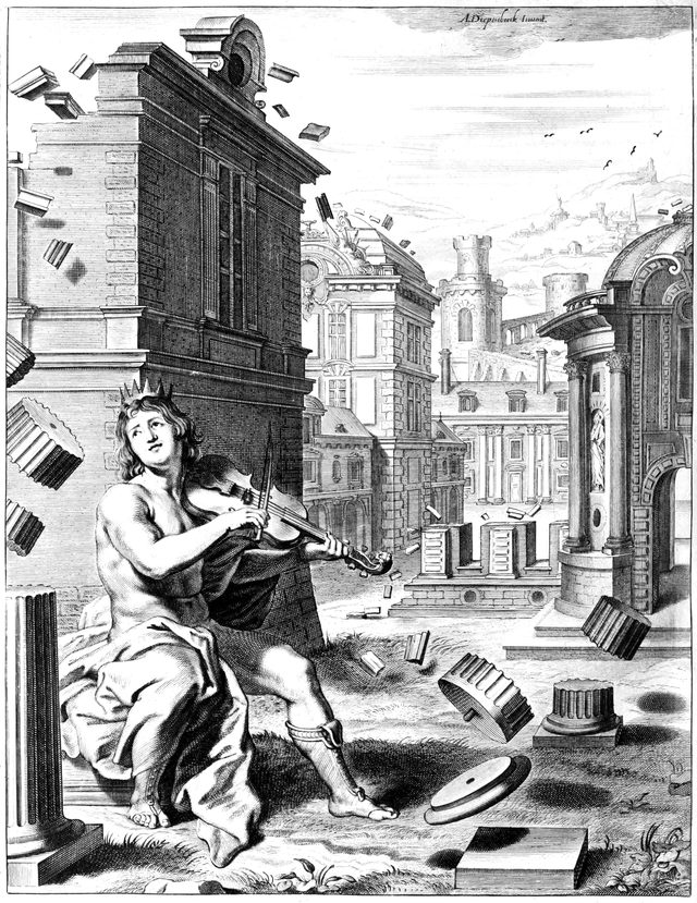 Amphion playing his lyre while stones rise into walls, engraving from Tableaux du temple des Muses, 1655